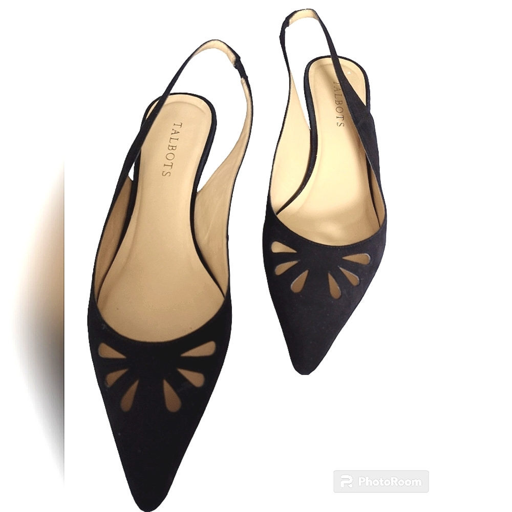 Talbots black suede leather kitten heels shoes with front cut outs size 9m